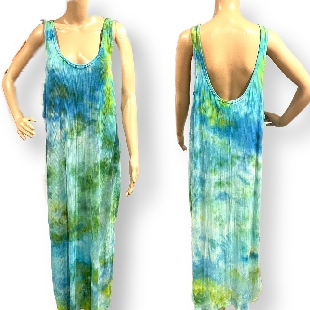 Tie dye 3X plus size tank maxi dress side slit blue green galaxy microrib